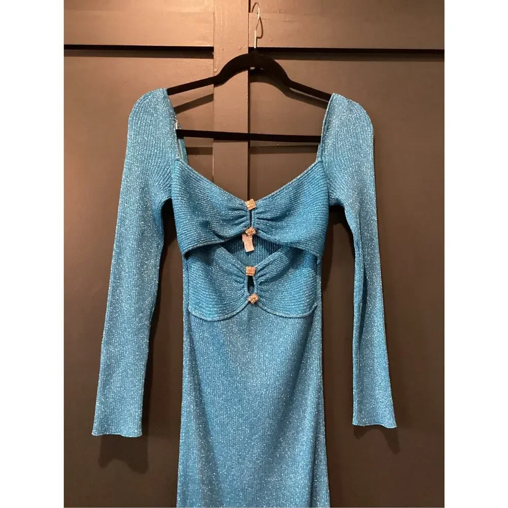 SELF PORTRAIT Blue Lurex Knit long sleeve cut out Midi Dress M